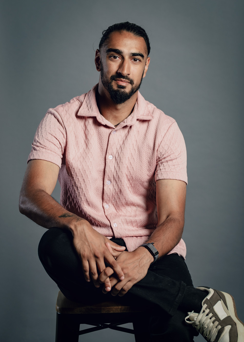 Actor headshot, sitting down in studio, Leamington Spa, UK