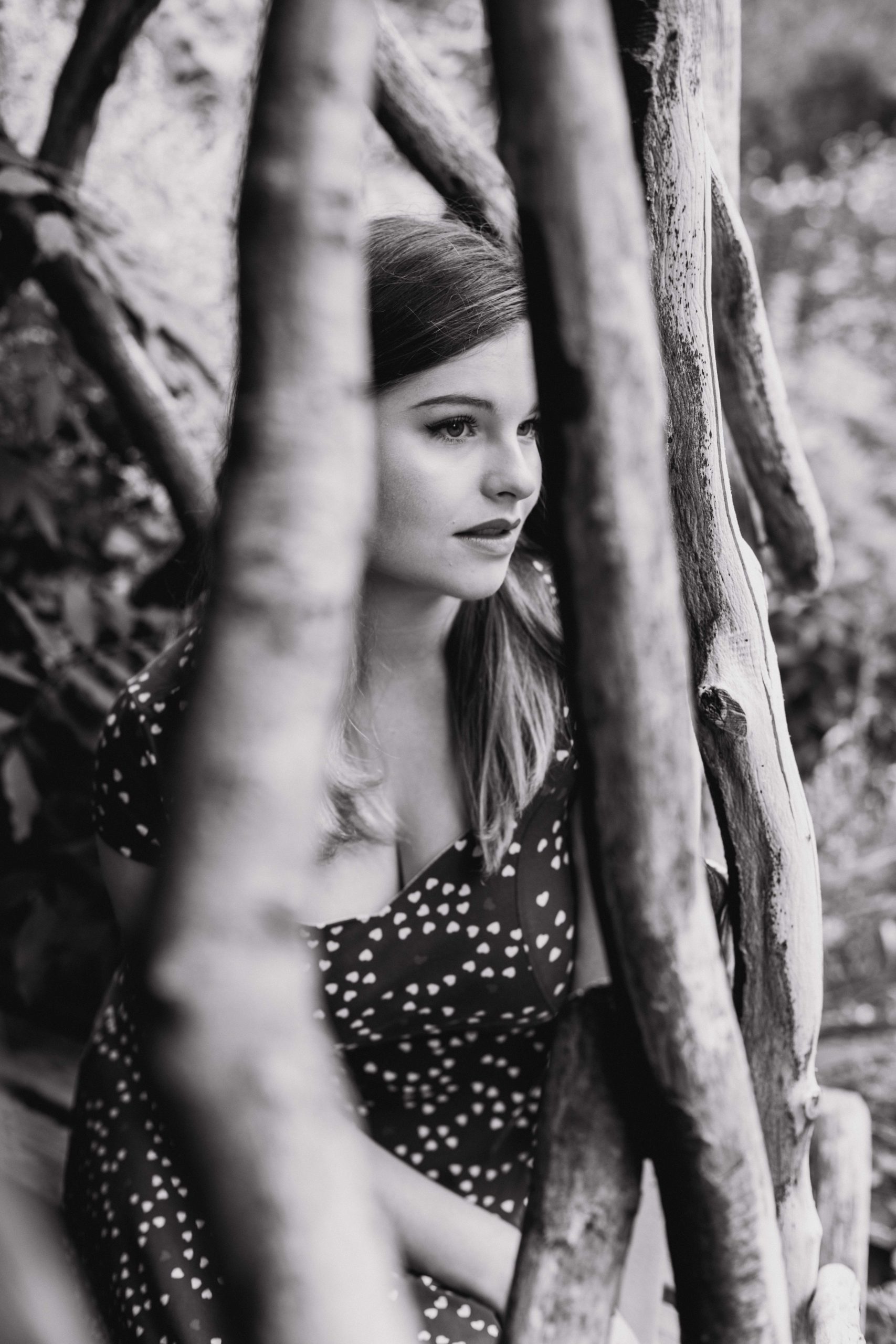 B&W outdoor photo of a woman, shot in Leamington Spa, UK